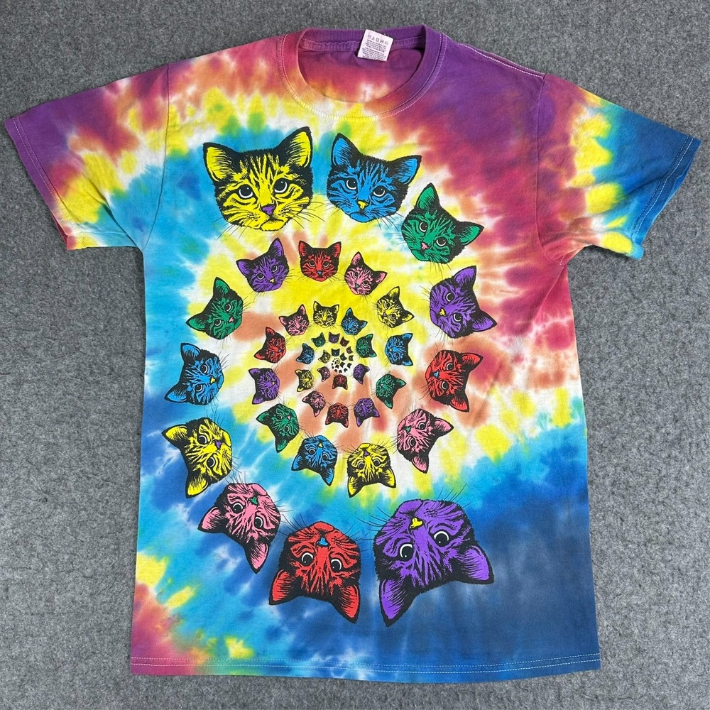 Vintage Tie Dye Psychedelic Spiral Cat T-Shirt Small Rainbow Multicolor Y2K